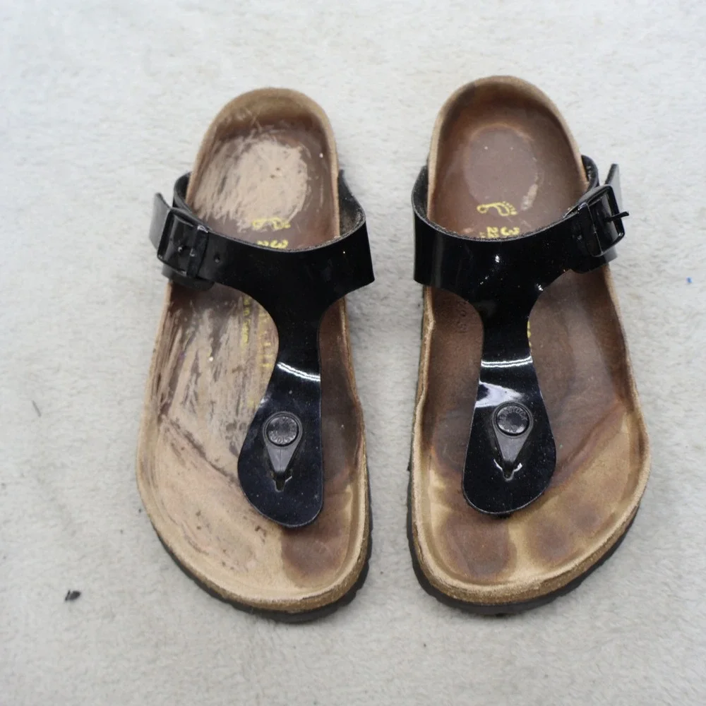Birkenstock Women 4 EU35 Sandals Black Gizeh Patent Birko-Flor Cork Thong READ